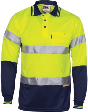 Picture of DNC Workwear-3913-Hivis Day/Night Cool-Breathe Polo Shirt With 3M 8906 Reflective Tape - Long Sleeve