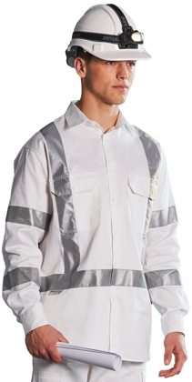 Picture of Australian Industrial Wear -WT09HV-Mens White Safety Shirt With X Back Biomotion Tape Configuration