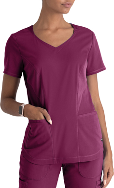 Picture of Grey's Anatomy Womens Spandex Stretch Carly 3 Pocket V-Neck Top Wine Size M(GRST124)