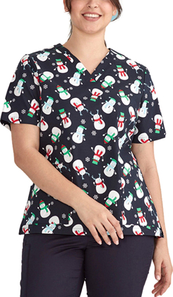 Picture of Bizcare Womens Christmas V-Neck Short Sleeve Scrub Top - Snowman Midnight Navy (CST346LS - MN)