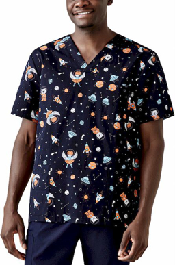 Picture of Bizcare Mens Printed Space Party Scrub Top (CST148MS)